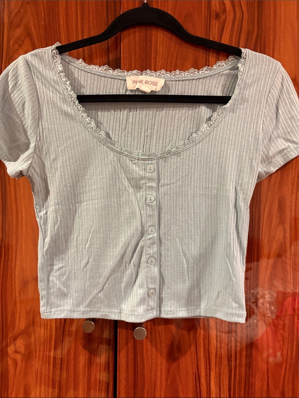 Pink Rose Pale Blue Ribbed Lace-Trim Button Crop Top